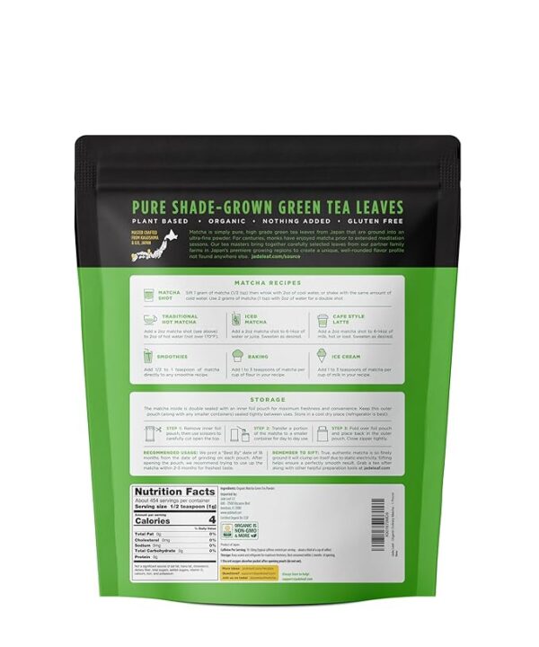 Jade Leaf Matcha Organic Culinary Grade Green Tea Powder - Farm Direct Second Harvest for Blending and Cooking - Authentic Japanese Origin (1 Pound Bulk Resealble Pouch) - Image 6
