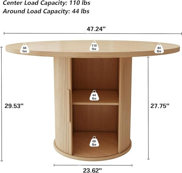 47 inch Round Dining Table for 4, Kitchen Table Dinner Table with 2-Layer Storage Shelf and Wood Slide Door for Home Dining Room Living Room (Natural) - Image 6