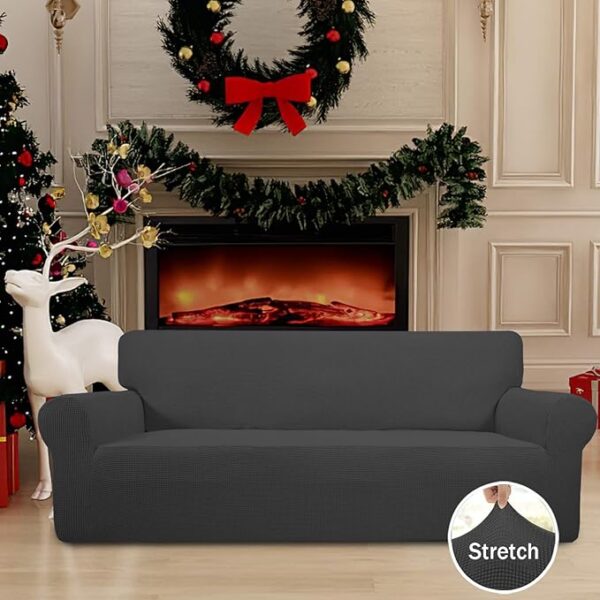 Easy-Going Stretch Sofa Slipcover 1-Piece Sofa Cover Furniture Protector Couch Soft with Elastic Bottom for Kids, Polyester Spandex Jacquard Fabric Small Checks (Sofa, Dark Gray) - Image 5