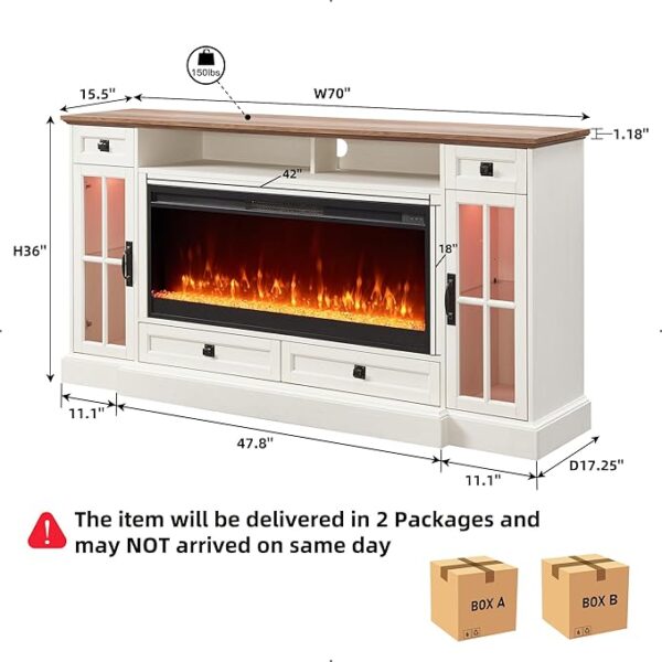 OKD Fireplace TV Stand for 80 Inch TV, Farmhouse Entertainment Center with 42" Fireplace & LED Lights, Modern Media Console Table with Storage Drawers & Cabinets for Living Room, Antique White - Image 6