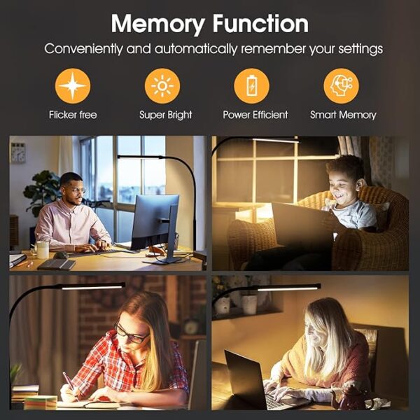 LED Desk lamp with Clamp, Eye-Caring Clip on Lights for Home Office, 3 Modes 10 Brightness, Long Flexible Gooseneck,Metal, Swing Arm Architect Task Table Lamps with USB Adapter, Black - Image 2