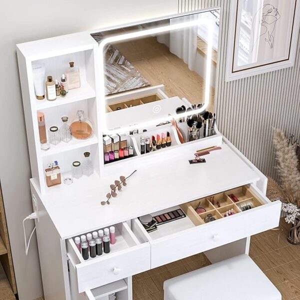 IRONCK Vanity Desk with LED Lighted Mirror & Power Outlet, Makeup Table with Drawers & Cabinet,Storage Stool,Dressing Table for Bedroom, White - Image 2