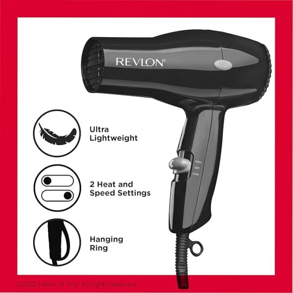REVLON Travel Hair Dryer | Salon-Style Blowouts, Lightweight Design, 1875 Watts for Fast Drying with 2 Heat & Speed Settings for Drying and Styling Flexibility (Black) - Image 6