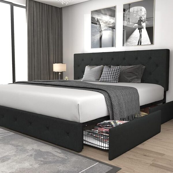 Allewie Upholstered King Size Platform Bed Frame with 4 Storage Drawers and Headboard, Diamond Stitched Button Tufted, Mattress Foundation with Wooden Slats Support, No Box Spring Needed, Dark Grey