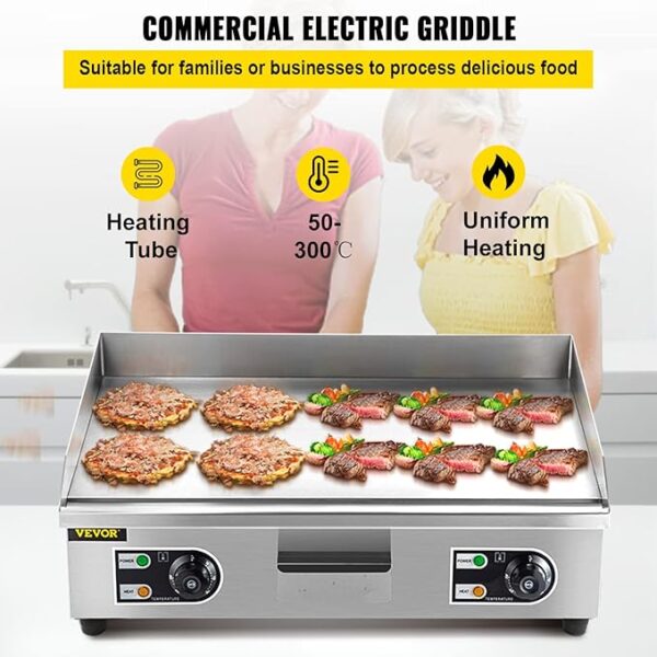 VEVOR 30" Commercial Electric Griddle 3000W Electric Countertop Griddle Non-Stick Restaurant 110V Teppanyaki Flat Top Grill Stainless Steel Adjustable Temperature Control 122°F-572°F (NO PLUG) - Image 6