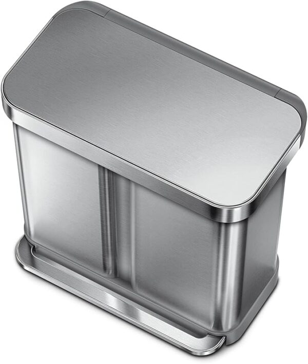 simplehuman 58 Liter / 15.3 Gallon Rectangular Hands-Free Dual Compartment Recycling Kitchen Step Trash Can with Soft-Close Lid, Brushed Stainless Steel - Image 2