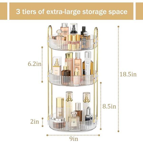 MOKANI 360 Rotating Makeup Organizer for Vanity, 3 Tier Adjustable Perfume Organizer for Dresser, Multi-Function Spinning Cosmetics Skincare Organizer for Bedroom, Dresser, Countertop, Clear - Image 3