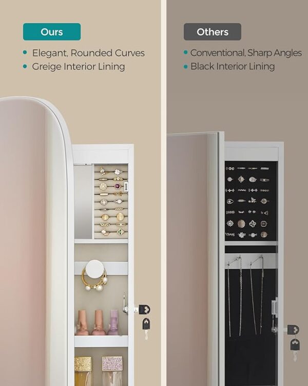 SONGMICS Jewelry Organizer, LED Jewelry Cabinet Wall or Door Mounted, Lockable Rounded Wide Mirror with Storage, Interior Mirror, 3.9 x 16.5 x 42.5 Inches, White Surface with Greige Lining - Image 2
