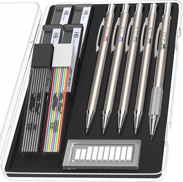 Mr. Pen- Metal Mechanical Pencil Set with Lead and Eraser Refills, 5 Sizes, 0.3, 0.5, 0.7, 0.9, 2mm, Drafting, Sketching, Architecture, Christmas Gift
