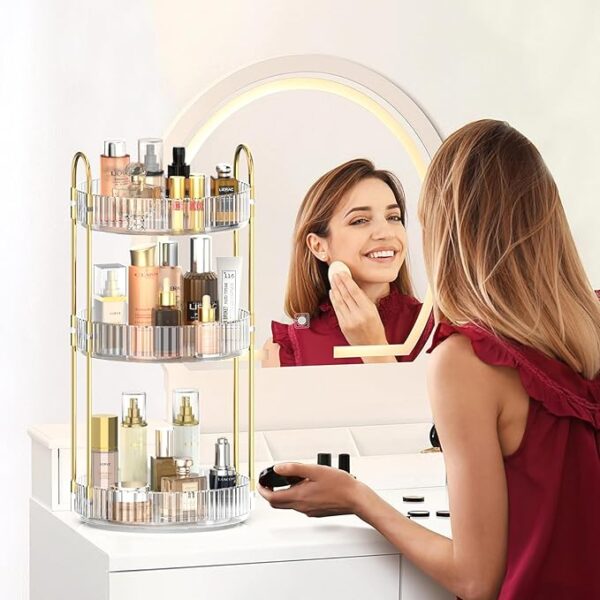 MOKANI 360 Rotating Makeup Organizer for Vanity, 3 Tier Adjustable Perfume Organizer for Dresser, Multi-Function Spinning Cosmetics Skincare Organizer for Bedroom, Dresser, Countertop, Clear - Image 2