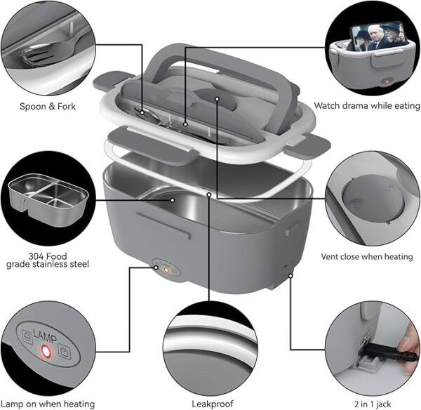 Electric Lunch Box Food Heater for Work, 80 W Food Warmer for Car Truck Travel with 2 Stainless Steel Containers 1.5 Liters Potable Self Heating lunch Box for Adults lonchera eléctrica portátil - Image 2