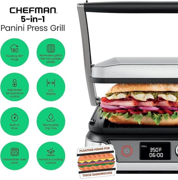 Chefman 5-in-1 Digital Panini Press Grill Sandwich Maker and Griddle Grill Combo with Removable, Reversible Dishwasher-Safe Grilling Plates, Opens 180° for Indoor BBQ /Flat Top Grill, Stainless steel - Image 5