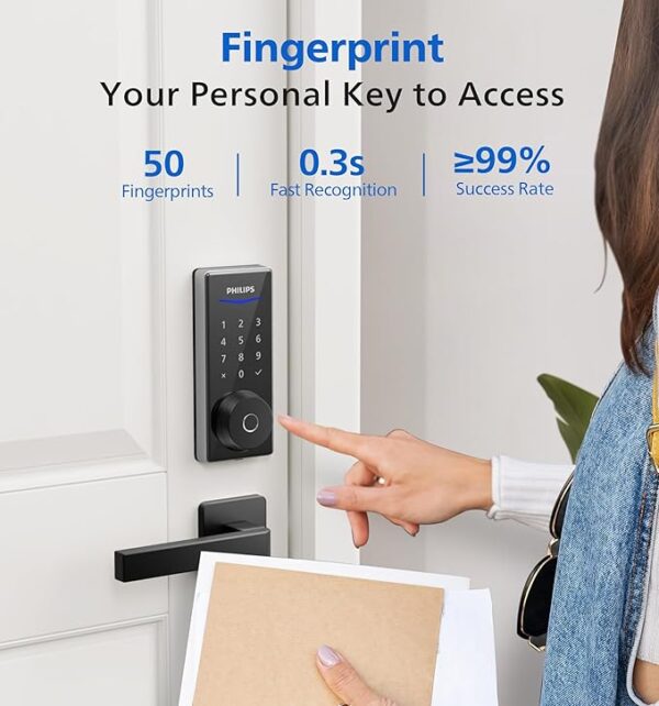 Philips Wi-Fi Smart Door Lock, Keyless Entry Door Lock with App Control,Fingerprint ID,Auto Lock,Keypad Deadbolt with Wi-Fi Bridge Adaptor,Smart Locks for Front Door-Satin Nickel - Image 2