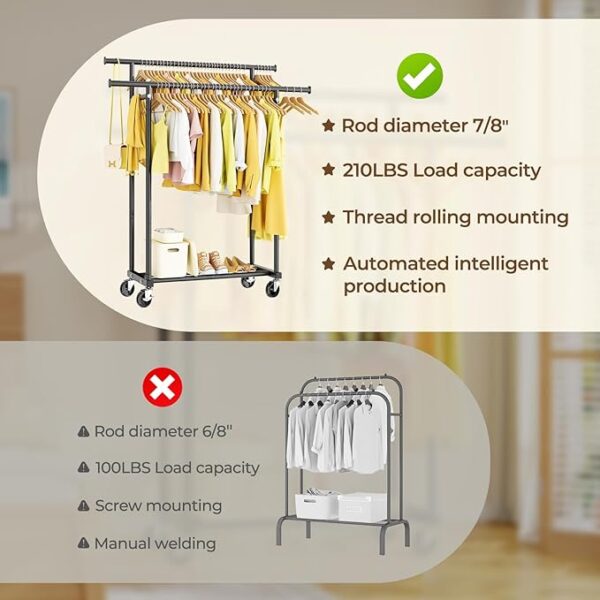 Double Rods Clothes Rack, Rolling Clothing Rack for Hanging Clothes Portable Wardrobe Rack, Metal Garment Rack Sturdy Coat Rack for Bedroom Laundry Living Room, Black - Image 6