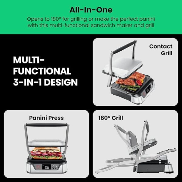 Chefman 5-in-1 Digital Panini Press Grill Sandwich Maker and Griddle Grill Combo with Removable, Reversible Dishwasher-Safe Grilling Plates, Opens 180° for Indoor BBQ /Flat Top Grill, Stainless steel - Image 6