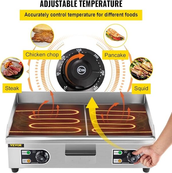 VEVOR 30" Commercial Electric Griddle 3000W Electric Countertop Griddle Non-Stick Restaurant 110V Teppanyaki Flat Top Grill Stainless Steel Adjustable Temperature Control 122°F-572°F (NO PLUG) - Image 2