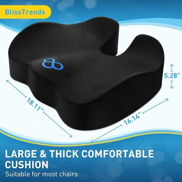 BlissTrends Seat Cushion,Thick Memory Foam Cushions for Office Chair, Car Seat, Airplane, Relieving Pressure Tailbone Sciatica Back Pain for Long Sitting Office Workers, Car Drivers 4.7in Thick Black - Image 6