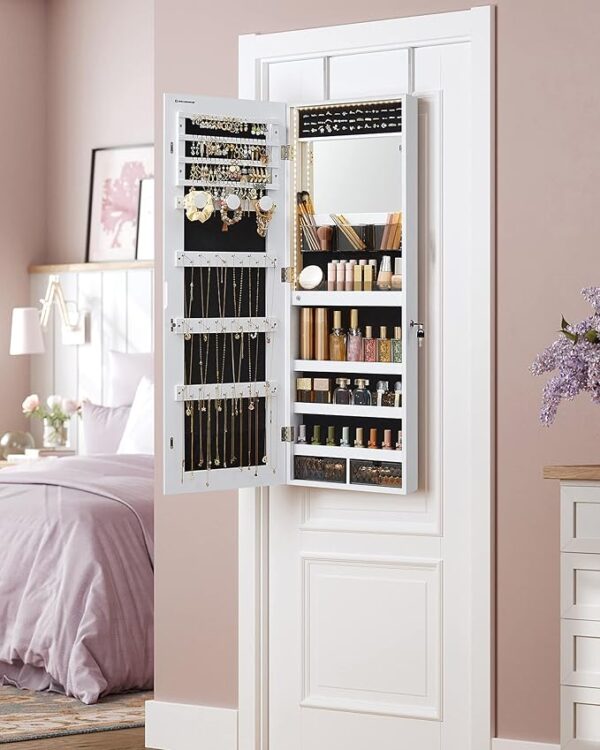 SONGMICS Mirror Jewelry Cabinet Armoire Organizer, Wall or Door Mount Storage Cabinet with Full-Length Frameless Lighted Mirror, Built-in Makeup Mirror, 2 Drawers, Lockable, White UJJC013W01 - Image 2