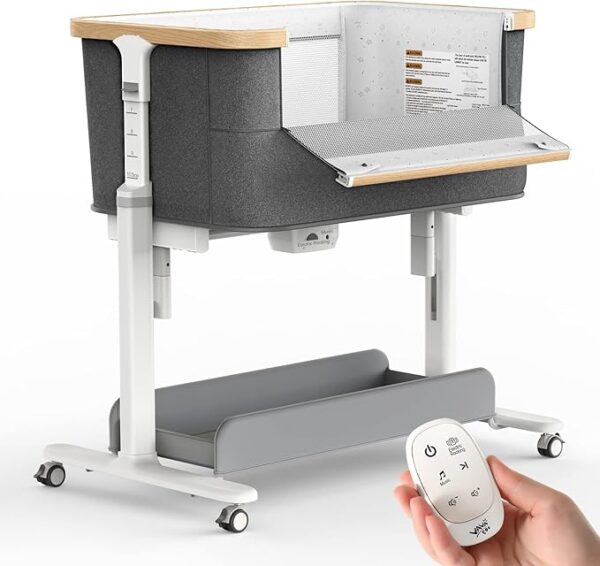 Rocking Bassinet Electric Baby Bassinet Automatic 3 Rocking Motion Bassinet Bedside Sleeper for Newborn, 3 in 1 Auto Rolling Baby Cradle 5 Height Adjustable, Dark Grey
