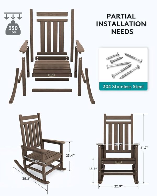SERWALL Outdoor Rocking Chair Set of 2, HDPE Rocking Chairs for Adult, All Weather Porch Rockers for Lawn Garden, Coffee - Image 2