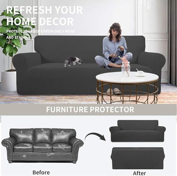 Easy-Going Stretch Sofa Slipcover 1-Piece Sofa Cover Furniture Protector Couch Soft with Elastic Bottom for Kids, Polyester Spandex Jacquard Fabric Small Checks (Sofa, Dark Gray) - Image 3