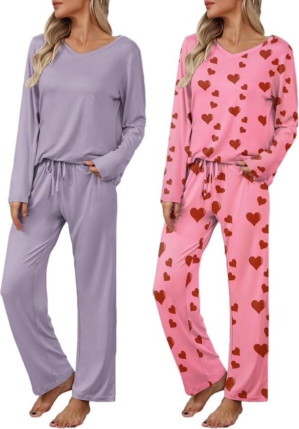 Ekouaer Womens 2 Pack Pajama Set Long Sleeve Pajamas Top and Pants V Neck Pjs Set Soft Loungewear with Pockets