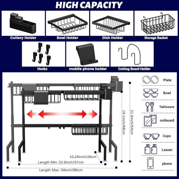 ADBIU Over The Sink Dish Drying Rack (Expandable Height and Length) Snap-On Design 2 Tier Large Dish Rack - Image 3