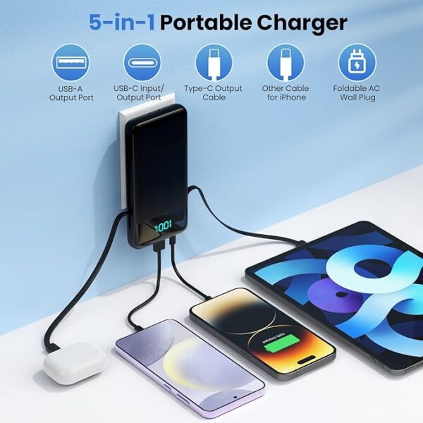 Portable Charger for iPhone with Built in Cables and Wall Plug,Upgraded 13800mAh Fast Charging USB C Power Bank,4 Outputs Travel Essential Battery Pack Compatible with iPhone 16/15/14,Samsung,Android - Image 4