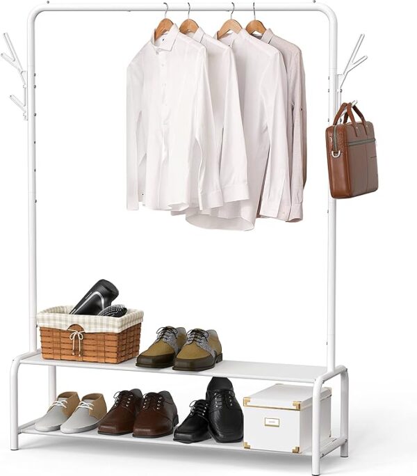 Simple Houseware Garment Rack with Storage Shelves and Coat/Hat Hanging Hooks, White