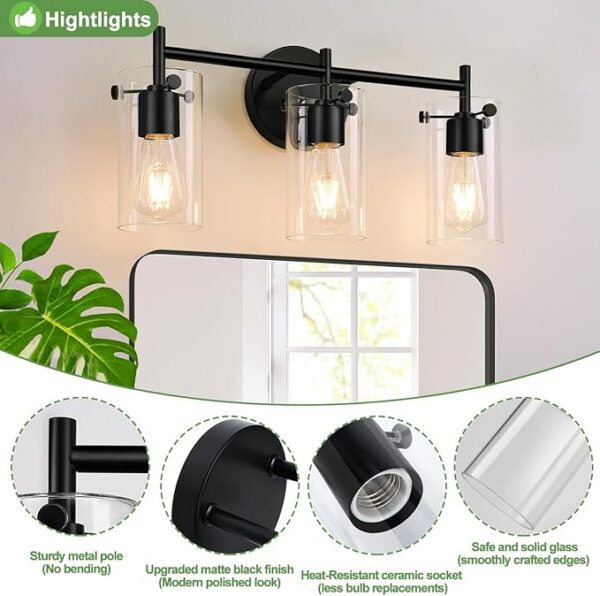 Bathroom Light Fixtures 2023 Upgrade, 3-Light Matte Black Bathroom Vanity Light, Black Bathroom Lights Over Mirror with Clear Glass Shade, Bathroom Wall Sconces for Mirror Bedroom Living Room Hallway - Image 2