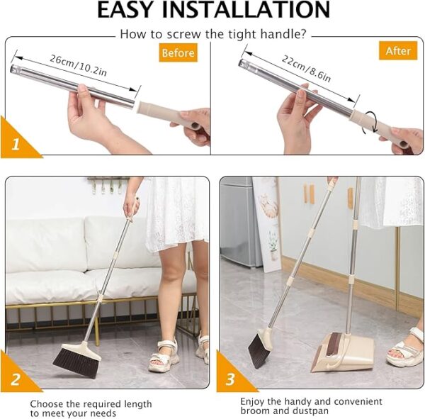 Broom and Dustpan Set with Long Handle, Light Weight Stainless Steel Poles Stand Upright Dustpans with Broom Combo for Home Kitchen Office Pet Dog Hair, Brown & Beige Color, 1-Pack - Image 4