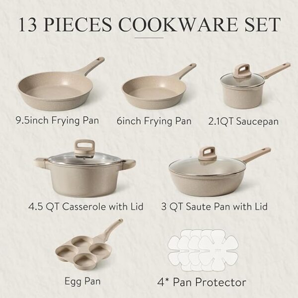 CAROTE 13pcs Kitchen Pots and Pans Set Non Stick, Taupe Nonstick Cookware Set, Frying pans, Kitchen Essentials, Frying pans with lids - Image 3