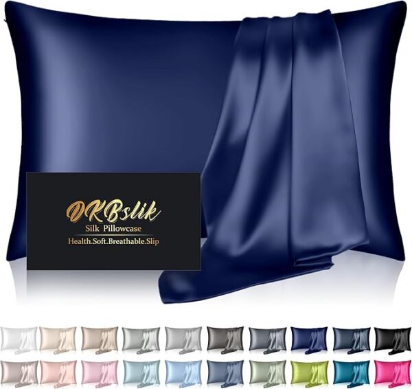 Silk Pillowcase for Hair and Skin, Mulberry Silk Pillow Cases Queen Size, Anti Acne Cooling Beauty Sleep Both Sides Natural Silk Satin Pillowcases with Hidden Zipper, Gifts for Women Men, Navy Blue
