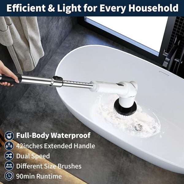 Electric Spin Scrubber - Cordless Cleaning Brush with Digital Display, 2 Speeds, 8 Brush Heads, IPX7 Waterproof, Adjustable Long Handle for Bathroom, Tub, Tile, Shower, and Car - Image 2