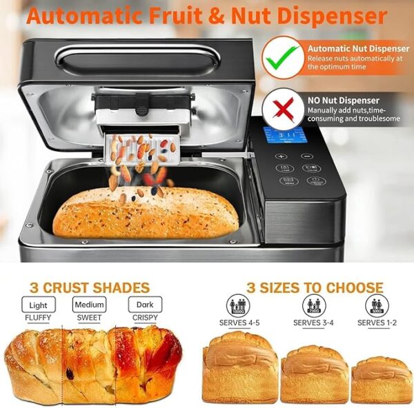 KBS 17-in-1 Bread Maker-Dual Heaters, 710W Machine Stainless Steel with Gluten-Free, Dough Maker,Jam,Yogurt PROG, Auto Nut Dispenser,Ceramic Pan& Touch Panel, 3 Loaf Sizes 3 Crust Colors,Recipes - Image 5