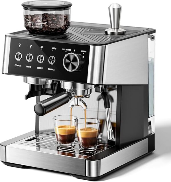Kismile Espresso Machines with Grinder, 20 Bar Professional Espresso Maker with Removable Water Tank,Milk Frother Steam Wand for Latte&Cappuccino,Ideal for Home/Office(BLACK)