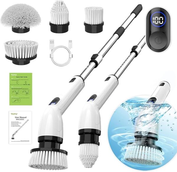 TUYU Electric Spin Scrubber, New Full-Body IPX7 Waterproof Bathroom Scrubber with Power LCD Display, Adjustable Extension Handle, Cordless Electric Cleaning Brush for Bathroom, Kitchen Cleaning