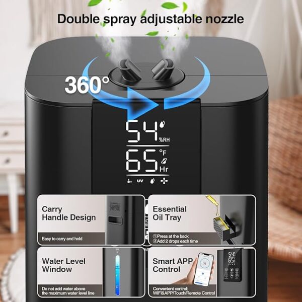 Smart Humidifiers Large Room Bedroom Home, 2.11Gal(8L) Quiet Top Fill Cool Mist Humidifier, Smart App & Remote Control, 3 Speed Humidifier with 360° Nozzle, Humidity Setting for Baby Office - Image 6