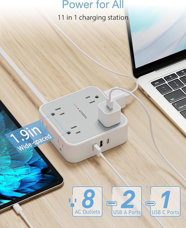 Surge Protector Flat Extension Cord Flat Plug Power Strip, 8 AC Outlets, 3 USB Charger(1 USB C Port) 3-Sided Outlet Extender, 5 Ft, 900 Joules Protection, Office Supplies, Dorm Room Essentials, Grey - Image 3