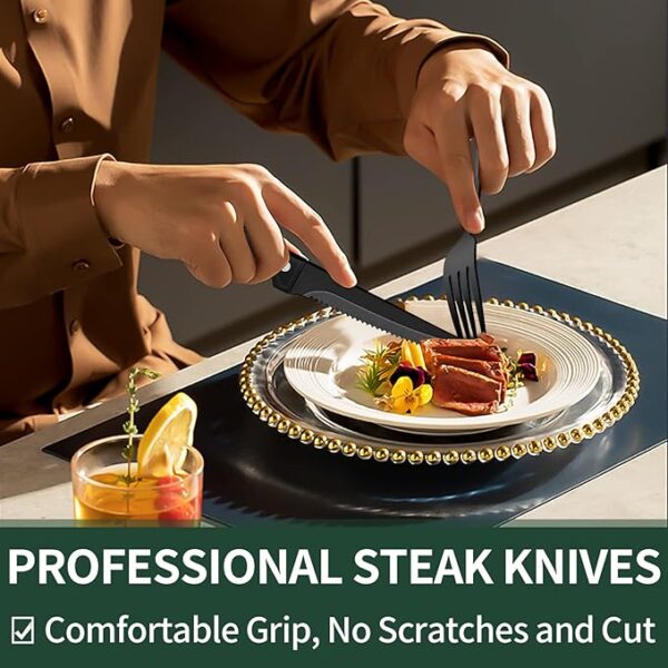 24-Piece Black Silverware Set with Steak Knives, Black Flatware Set for 4, Food-Grade Stainless Steel Tableware Cutlery Set, Mirror Finished Utensil Sets for Home Restaurant - Image 3