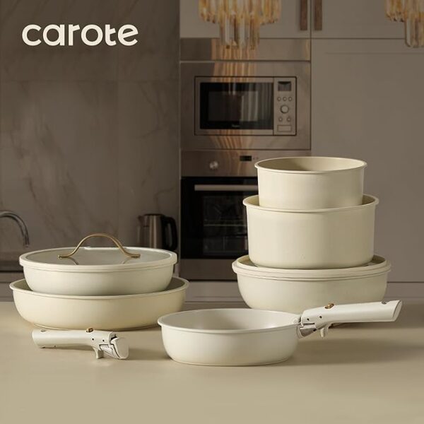 CAROTE 19pcs Pots and Pans Set Non Stick, Cookware Set with Detachable Handle, Kitchen Cookware Sets with Removable Handle, RV Cookware Set, Oven Safe, Cream White - Image 6