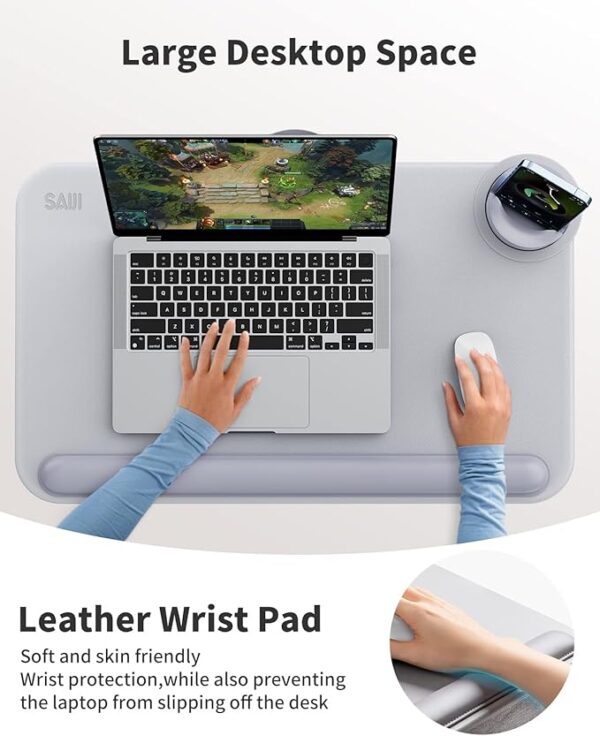 SAIJI Laptop Lap Desk for Bed—Fits Up to 17" Laptop & MacBook,Lightweight Tray Table with Soft Leather Wrist Pad,Sturdy Phone/Tablet Holder,Laptop Stand with Cushion for Home Office/Gaming On Couch - Image 5