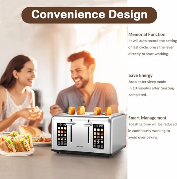 Mecity 4 Slice Toaster Touch Screen Control 4 Wide Slot, Stainless Steel Smart Bread Toaster for Bagel Muffin Waffle, Dual Control Pannel, Timer, Defrost, Reheat, 120V 1650W - Image 5
