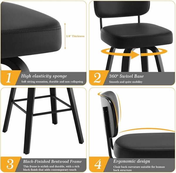 Swivel Bar Height Stools Set of 3, Upholstered Faux Leather Barstools with Back, 29" Seat Height Tall Bar Stools for Kitchen Counter, Black Wood Frame, Black - Image 5