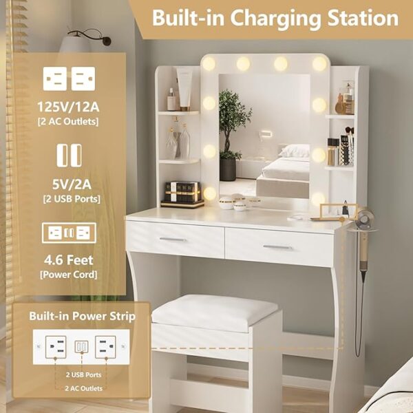 Vanity Desk with Lights,Makeup Vanity with Power Strip,Dressing Table Set with 2 Large Drawers,Vanity Mirror 3 Lighting Color Adjustable,White - Image 3