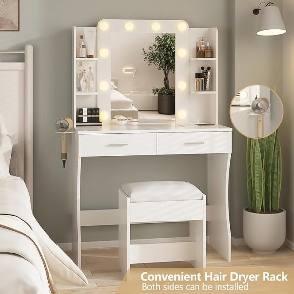 Vanity Desk with Lights,Makeup Vanity with Power Strip,Dressing Table Set with 2 Large Drawers,Vanity Mirror 3 Lighting Color Adjustable,White - Image 4
