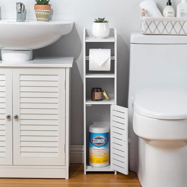 AOJEZOR Toilet Paper Holder Stand: Bathroom Storage Cabinet Beside Toilet for Small Space Bathroom with Toilet Roll Holder - White - Image 4