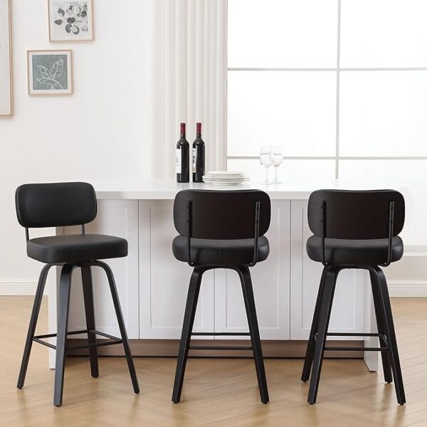 Swivel Bar Height Stools Set of 3, Upholstered Faux Leather Barstools with Back, 29" Seat Height Tall Bar Stools for Kitchen Counter, Black Wood Frame, Black - Image 4