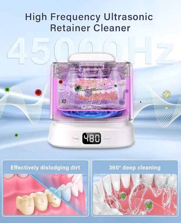 Ultrasonic Retainer Cleaner Machine,Dental Cleaning Pod, Sonic Retainer Cleaner Ultrasonic Machine with Digital Timer for Dentures,Aligners,Braces,Night Guards,Jewelry 45kHz(White) - Image 6