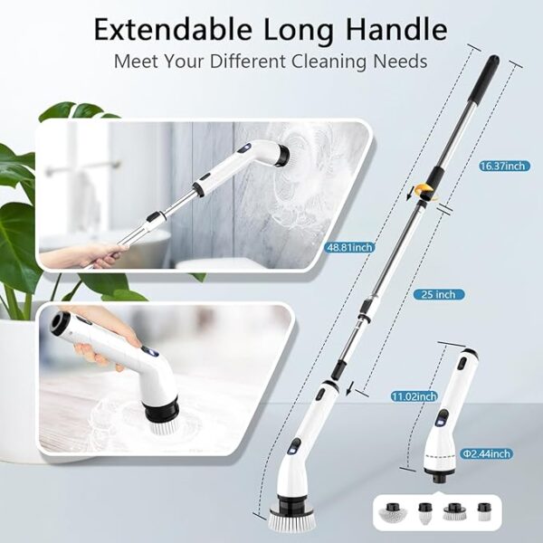 TUYU Electric Spin Scrubber, New Full-Body IPX7 Waterproof Bathroom Scrubber with Power LCD Display, Adjustable Extension Handle, Cordless Electric Cleaning Brush for Bathroom, Kitchen Cleaning - Image 4